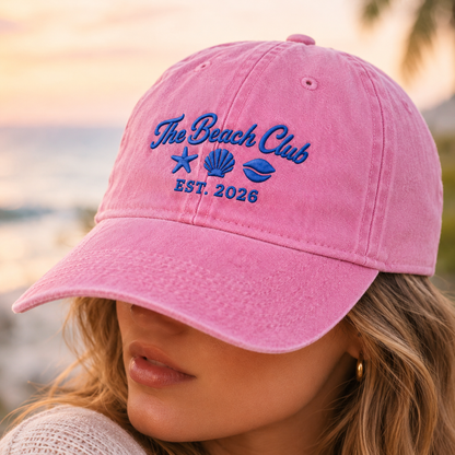 The Beach Club Washed Cap, Embroidered Coastal Hat with Est 2026 Seashell Art - Washed Cap - lifestyle view 4