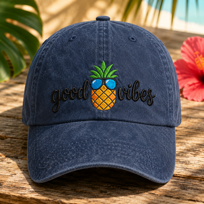 Good Vibes Pineapple Washed Cap, Tropical Vacation Hat - Washed Cap - detail view