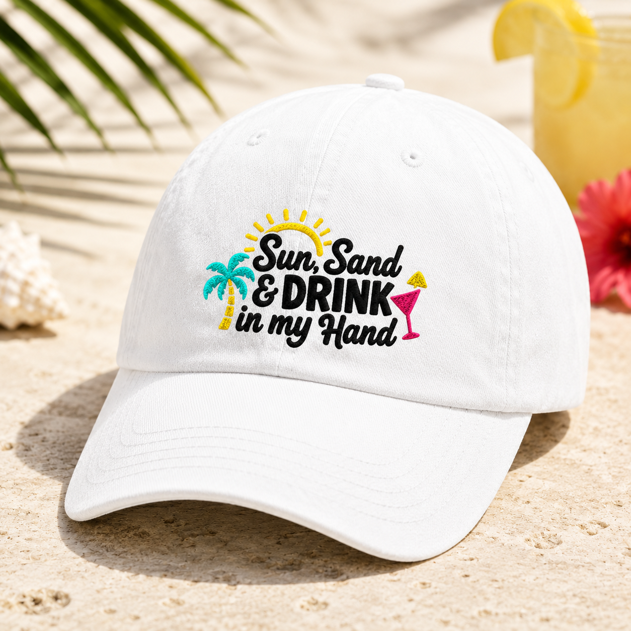 Sun Sand & Drink in my Hand Washed Cap, Beach Vacation Cocktail Hat - Washed Cap - detail view