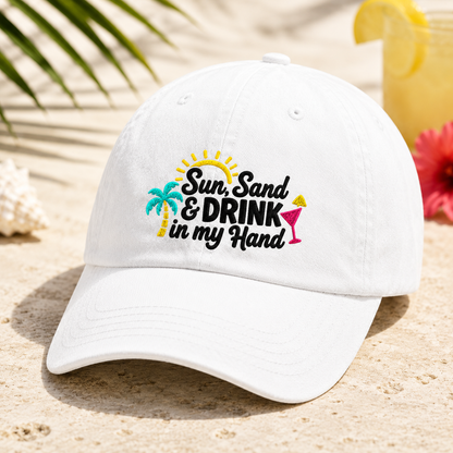 Sun Sand & Drink in my Hand Washed Cap, Beach Vacation Cocktail Hat - Washed Cap - detail view