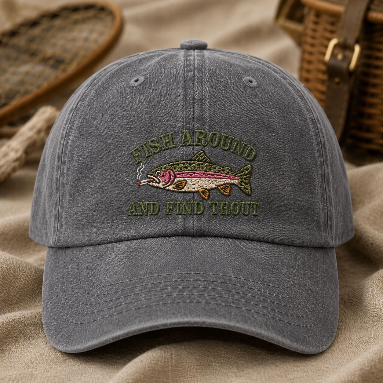 Fish Around And Find Trout Washed Cap, Funny Fishing Hat for Anglers - Washed Cap - lifestyle view 2