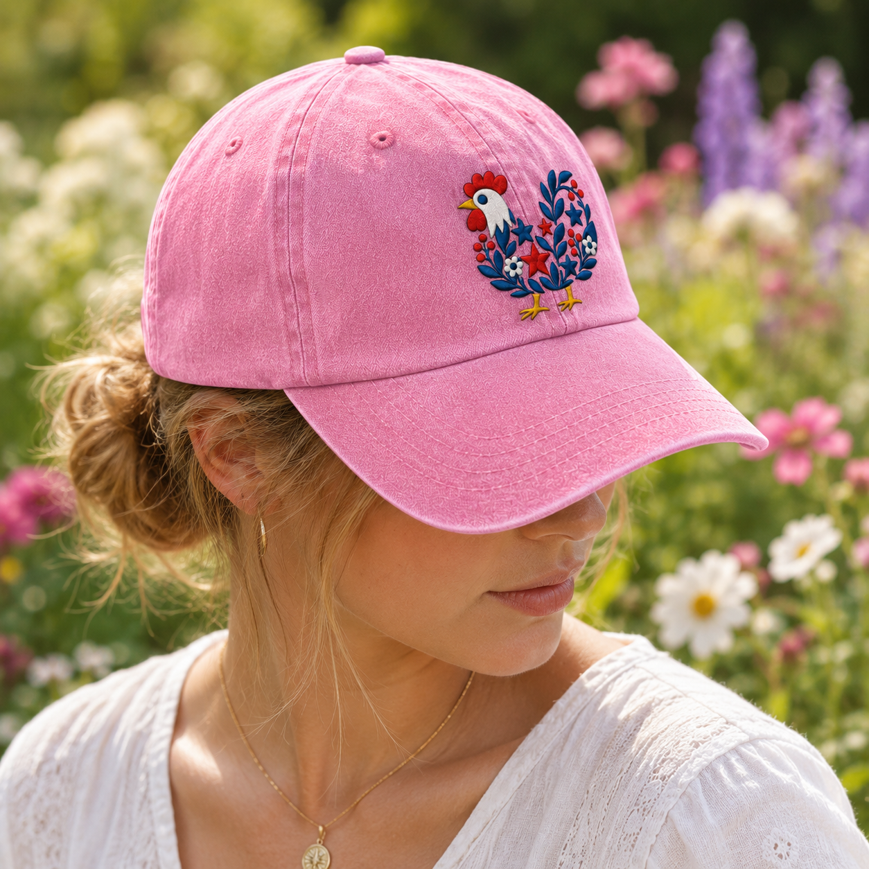 Folk Rooster Washed Cap, Embroidered Floral Chicken Baseball Hat - washed cap - lifestyle view 7