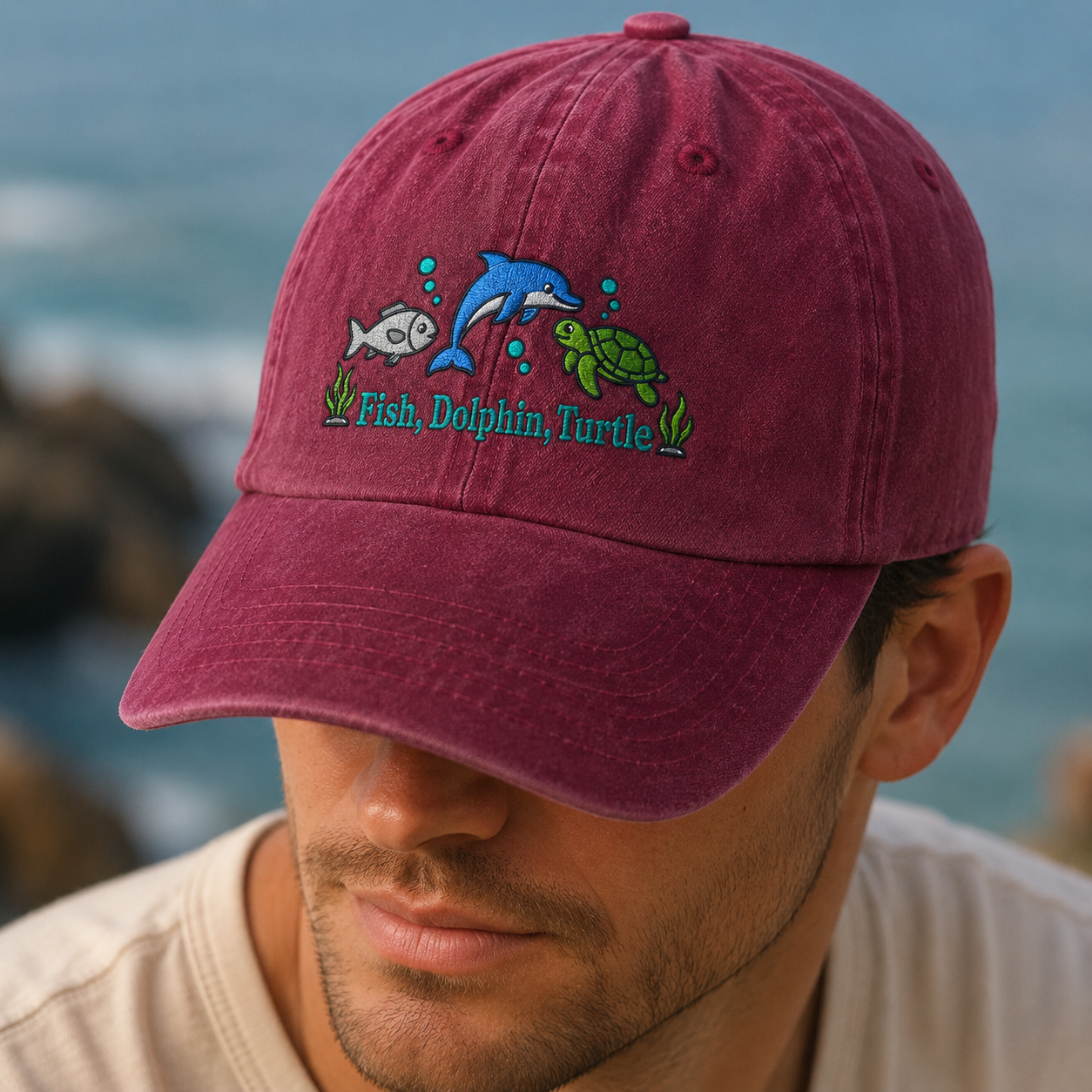 Fish, Dolphin, Turtle Washed Cap, Ocean Animal Embroidered Hat for Sea Life Lovers - Washed Cap - lifestyle view 3