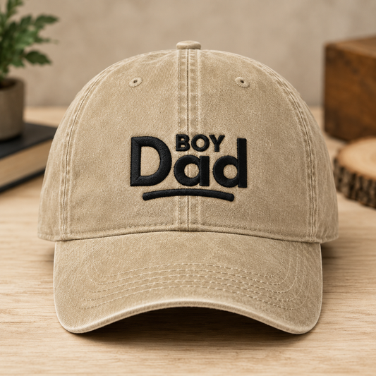 Boy Dad Washed Cap, Father's Day Hat for Proud Dad - Washed Cap - front view