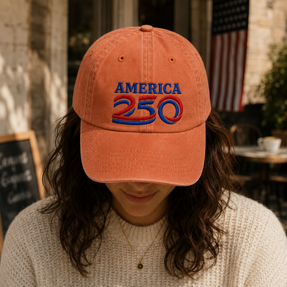 America 250 Washed Cap, Red Blue Embroidered Patriotic Dad Hat - washed cap - lifestyle view 8