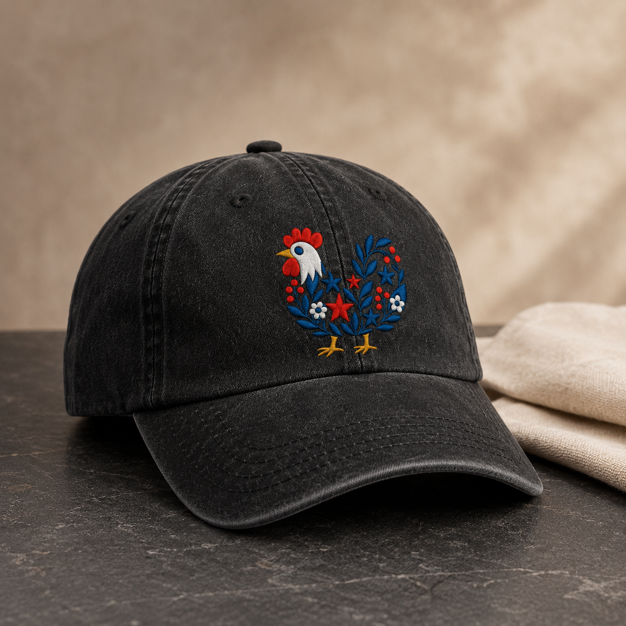 Folk Rooster Washed Cap, Embroidered Floral Chicken Baseball Hat - washed cap - lifestyle view 2