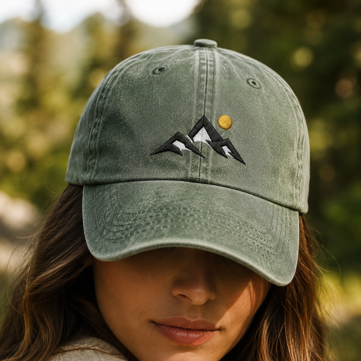 Mountain Sunset Washed Cap, Embroidered Hiking Hat for Outdoor Adventure Lovers - Washed Cap - lifestyle view 7