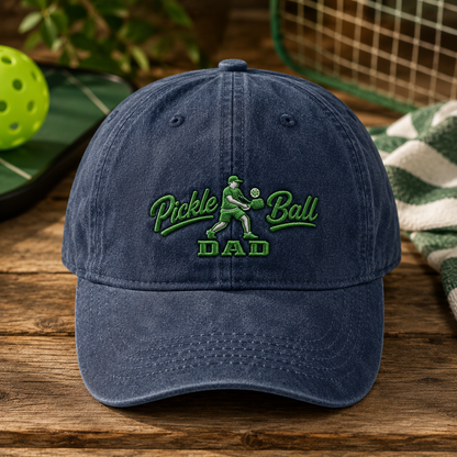 Pickle Ball Dad Washed Cap, Embroidered Player Hat Gift - Washed Cap - front view