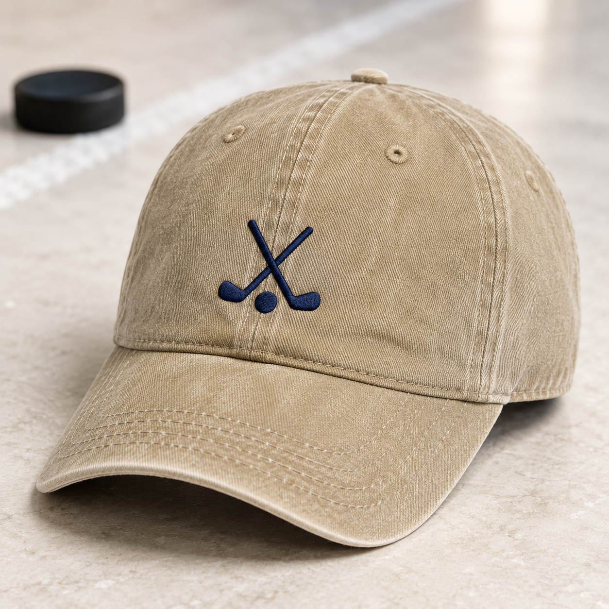 Crossed Clubs Washed Cap, Navy Ball Embroidery Dad Hat for Golf Lovers - Washed Cap - detail view