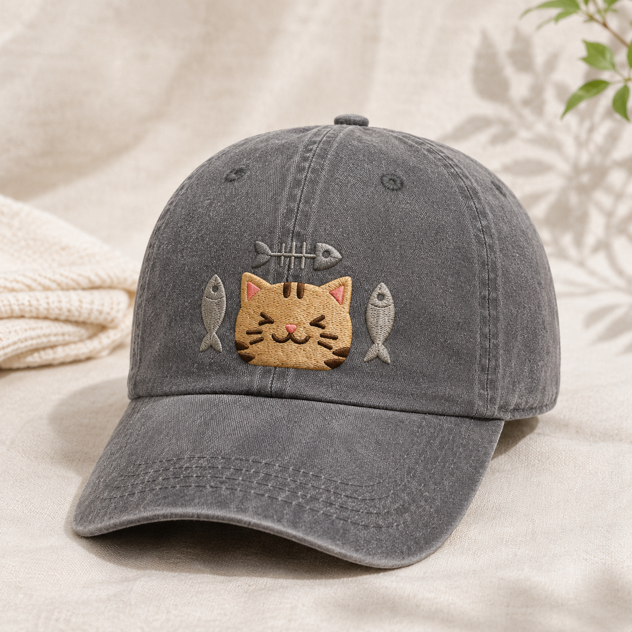 Cat and Fish Embroidered Washed Cap, Kawaii Kitten Hat Gift for Cat Lovers - Washed Cap - lifestyle view 2
