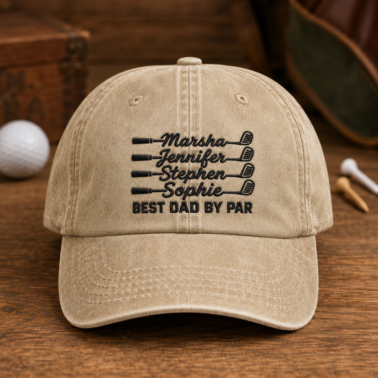 Best Dad By Par Golf Hat, Personalized Kids Names Washed Cap for Father's Day - Washed Cap - front view