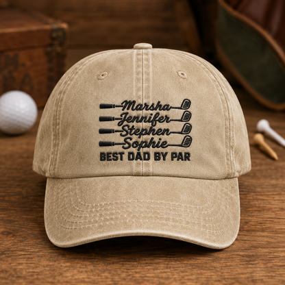 Best Dad By Par Golf Hat, Personalized Kids Names Washed Cap for Father's Day - Washed Cap - front view