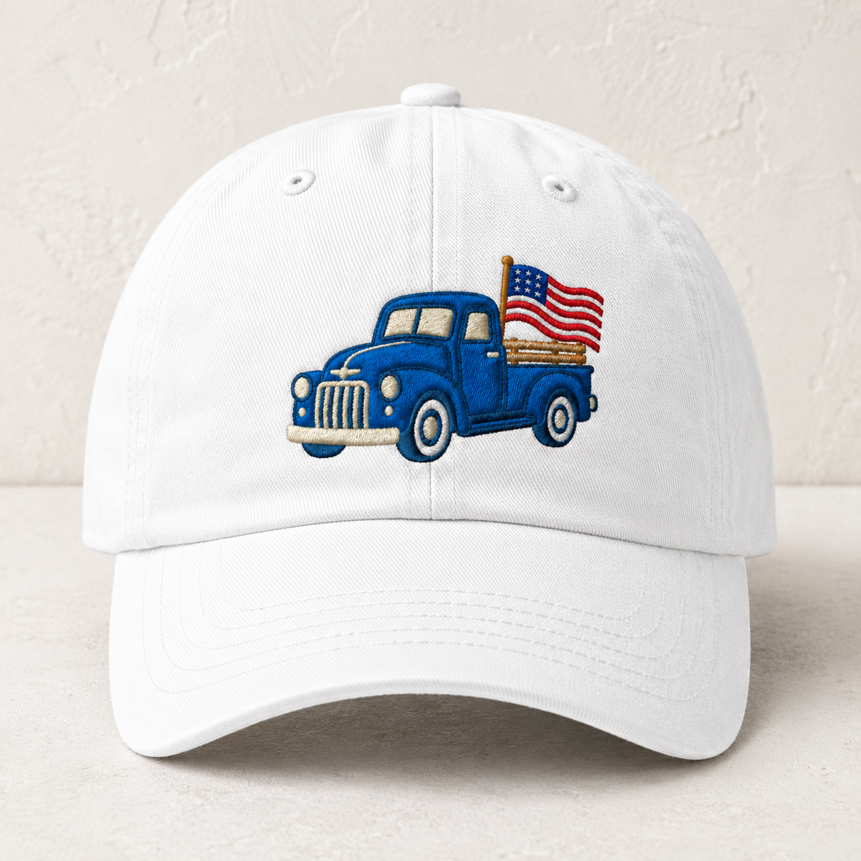Blue Pickup Truck American Flag Washed Cap, Rustic July Fourth Dad Gift - washed cap - front view