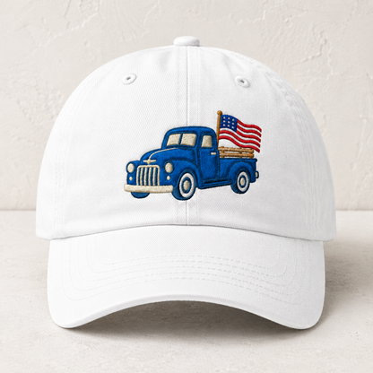 Blue Pickup Truck American Flag Washed Cap, Rustic July Fourth Dad Gift - washed cap - front view
