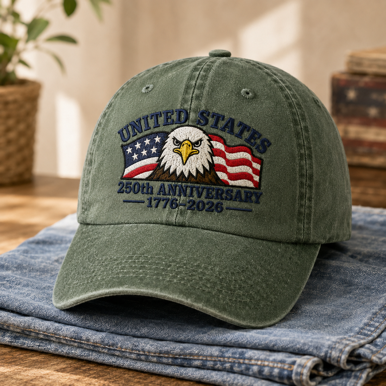 United States 250th Anniversary Washed Cap, 1776-2026 Patriotic Eagle Hat - washed cap - lifestyle view 3