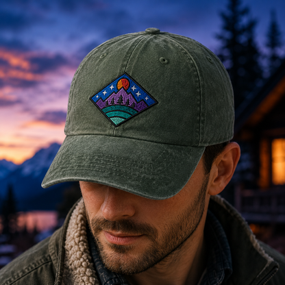 Mountain Sunset Embroidered Washed Cap, Outdoor Adventure Baseball Hat - Washed Cap - lifestyle view 3