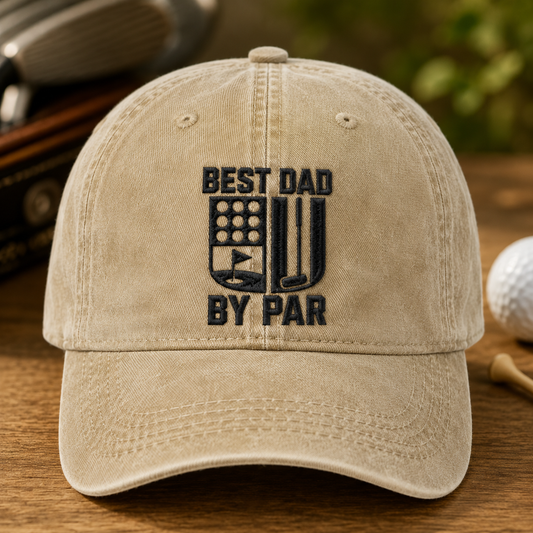 Dad By Par Golf Washed Cap, Embroidered Hat for Father's Day - Washed Cap - front view