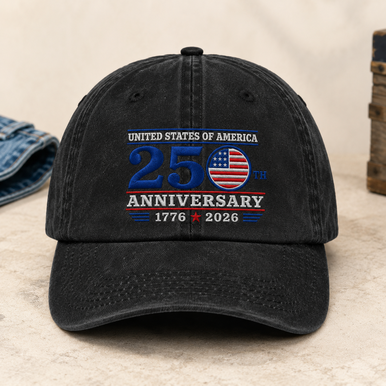 United States of America 250th Anniversary Washed Cap, 1776 2026 Patriotic Hat - washed cap - front view