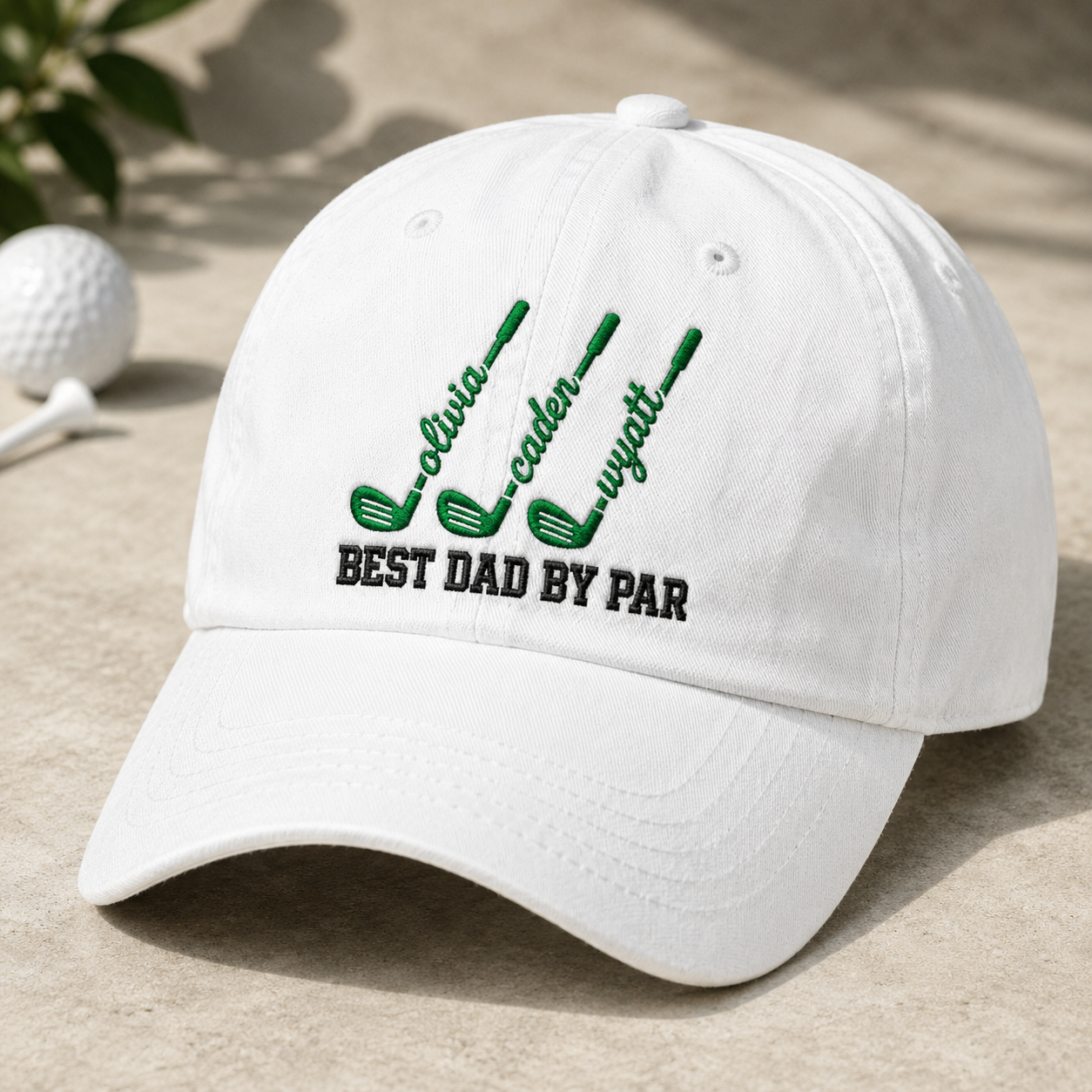 Best Dad By Par Golf Cap Personalized Kids Names Hat - Washed Cap - detail view