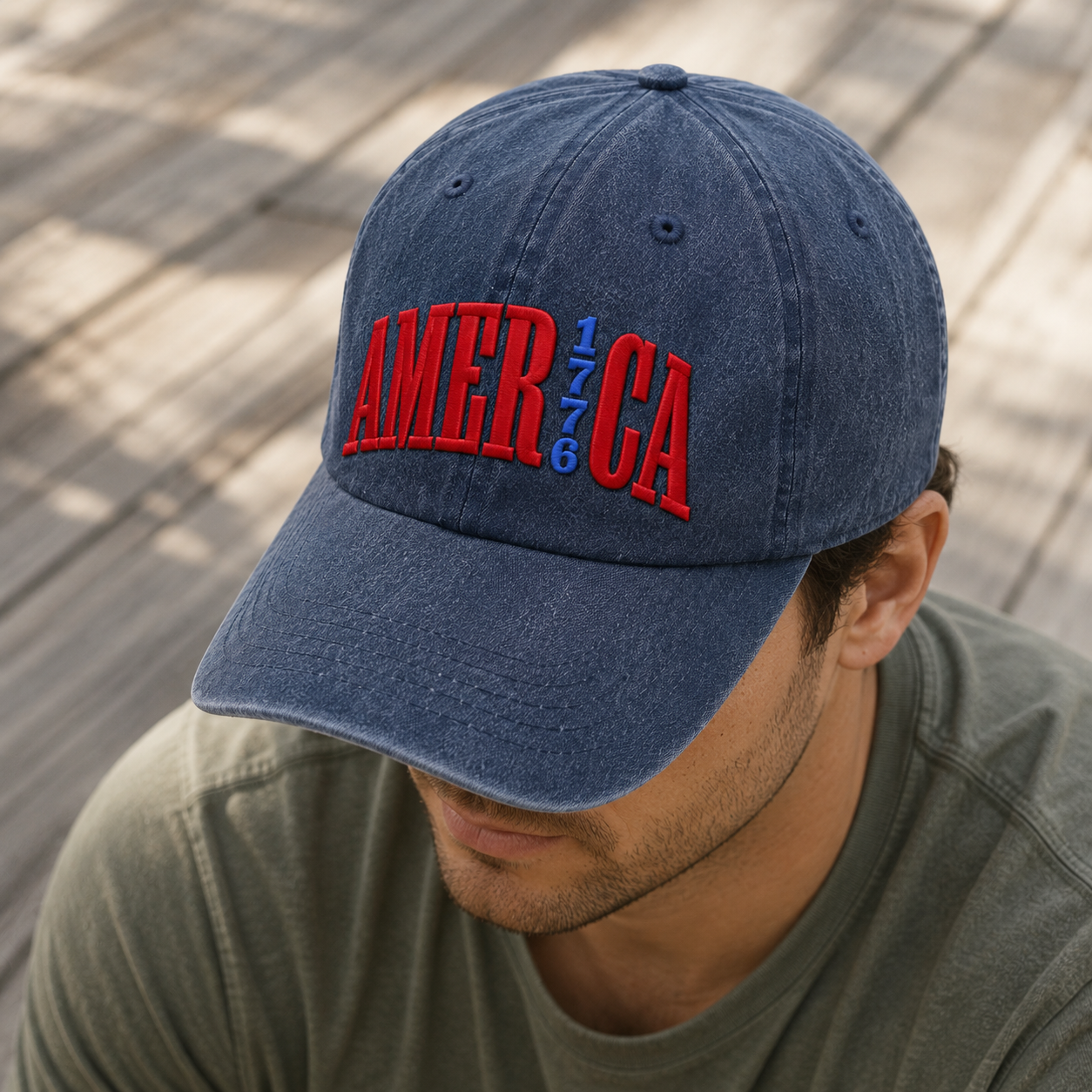 America 1776 Washed Cap, Patriotic Embroidered Hat for USA Fans - washed cap - lifestyle view 9