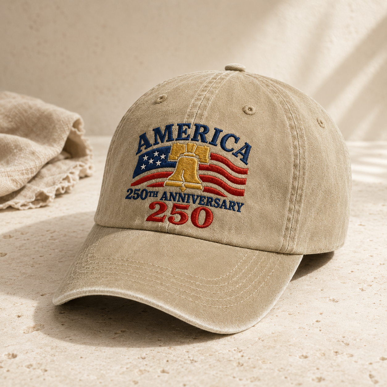 America 250th Anniversary Washed Cap, Patriotic Liberty Bell USA Flag Hat - washed cap - lifestyle view 2