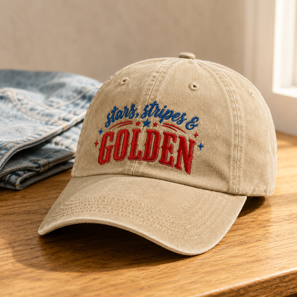 Stars, Stripes & Golden Washed Cap, Patriotic Baseball Hat - washed cap - lifestyle view 2