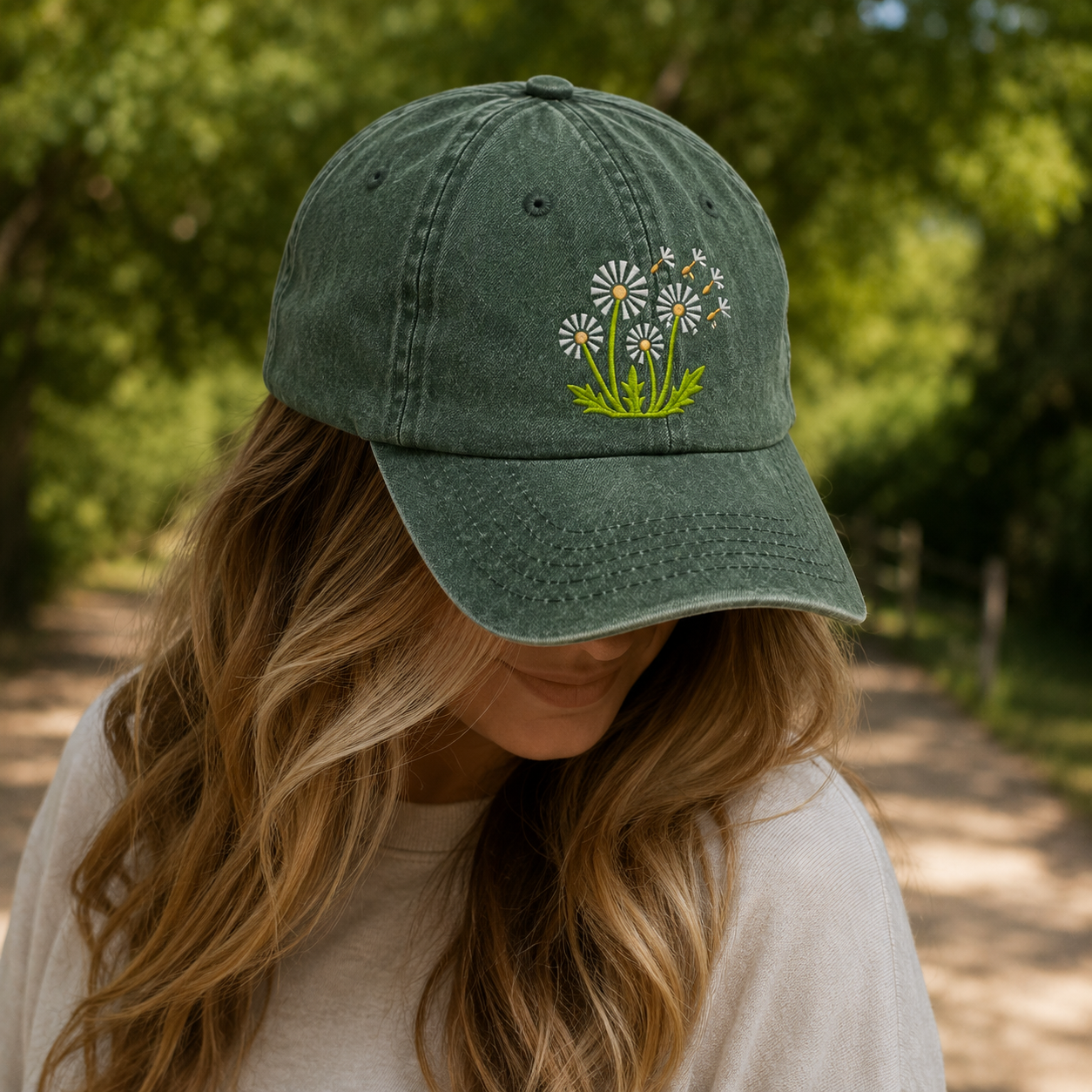 Dandelion Embroidered Washed Cap, Floral Daisy Baseball Hat for Garden Lovers - washed cap - lifestyle view 9