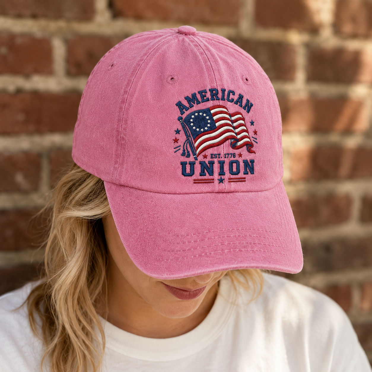 American Union Washed Cap, Est. 1776 Flag Design, Patriotic Embroidered Dad Hat - washed cap - lifestyle view 8