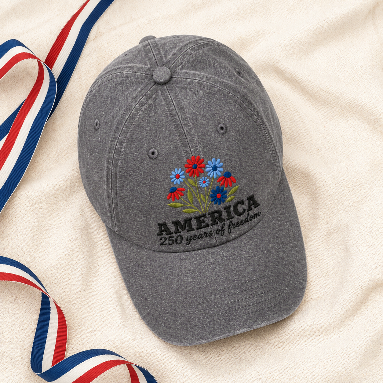 America 250 Years of Freedom Washed Cap, Patriotic Floral Hat for 4th of July - washed cap - lifestyle view 5