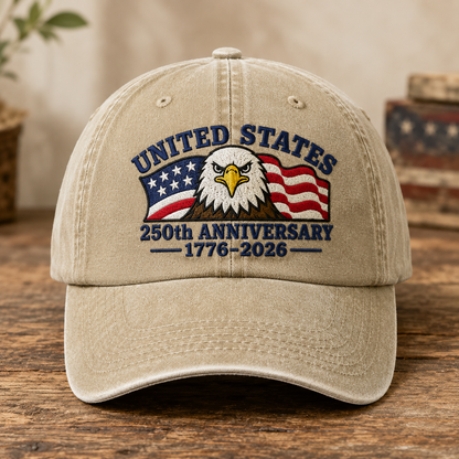 United States 250th Anniversary Washed Cap, 1776-2026 Patriotic Eagle Hat - washed cap - front view