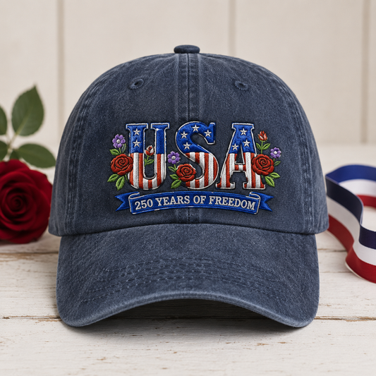 USA 250 Years of Freedom Washed Cap, Patriotic Embroidered Hat - washed cap - front view