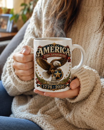 America 250th Anniversary Coffee Mug, Patriotic Eagle 1776 2026 Ceramic Cup - Mug - front view