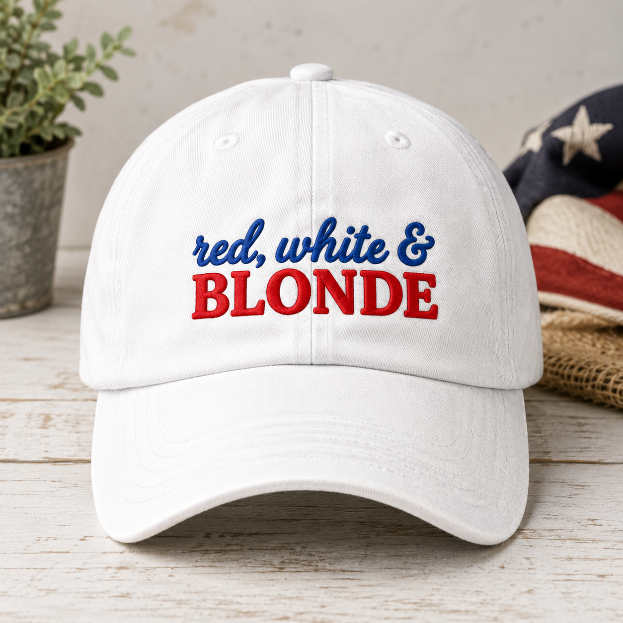 Red White & Blonde Washed Cap, Patriotic Hair Humor Hat - washed cap - front view