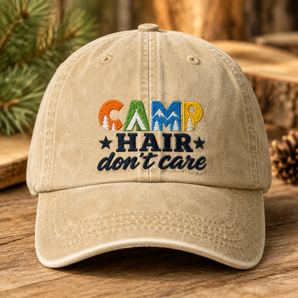 Camp Hair Don't Care Washed Cap, Funny Camping Hat for Outdoor Campers - Washed Cap - front view