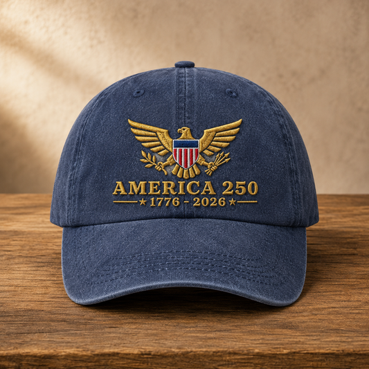 America 250 1776-2026 Washed Cap, Patriotic Eagle Embroidered Hat for USA Semiquincentennial - washed cap - front view