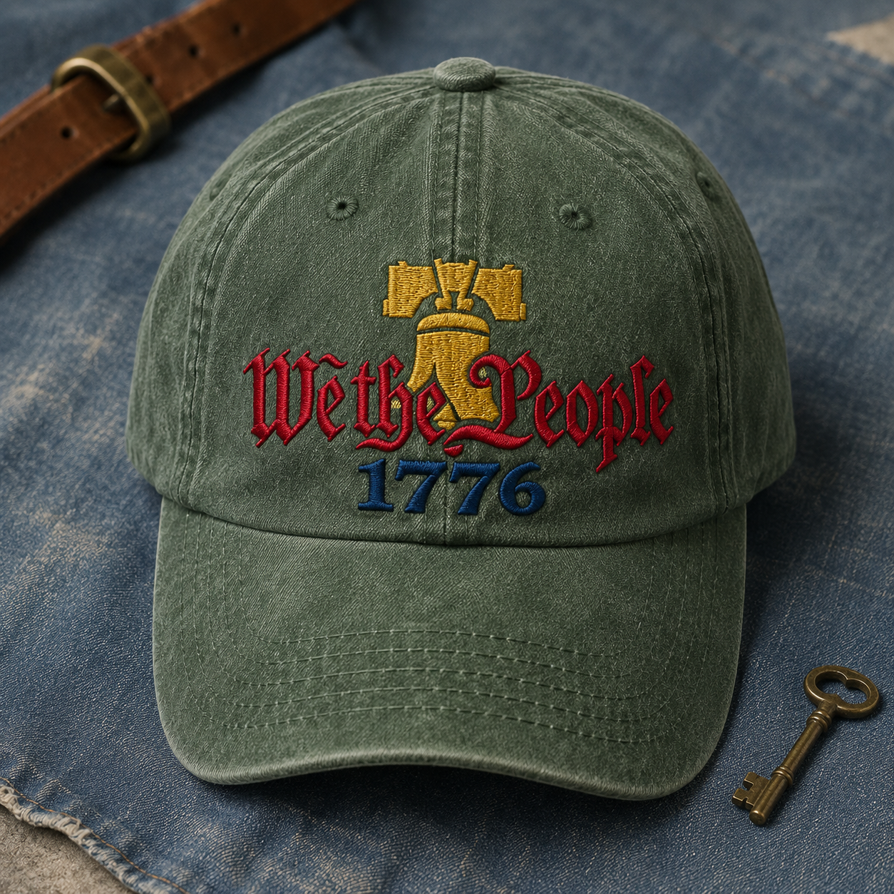 We the People 1776 Washed Cap, Patriotic Liberty Bell Hat for Constitution History Fans - washed cap - lifestyle view 4