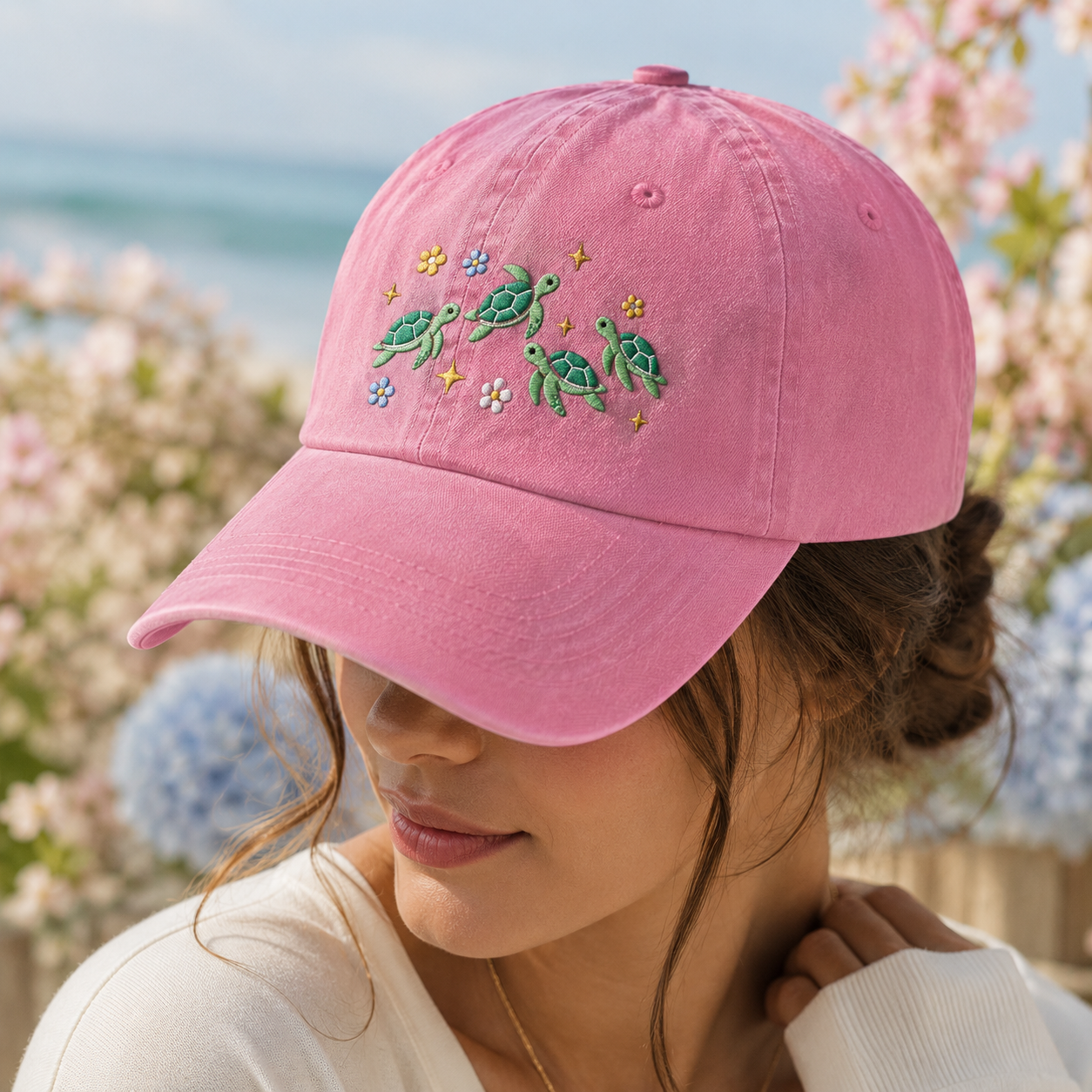 Sea Turtle Embroidered Washed Cap, Coastal Floral Dad Hat - Washed Cap - lifestyle view 4