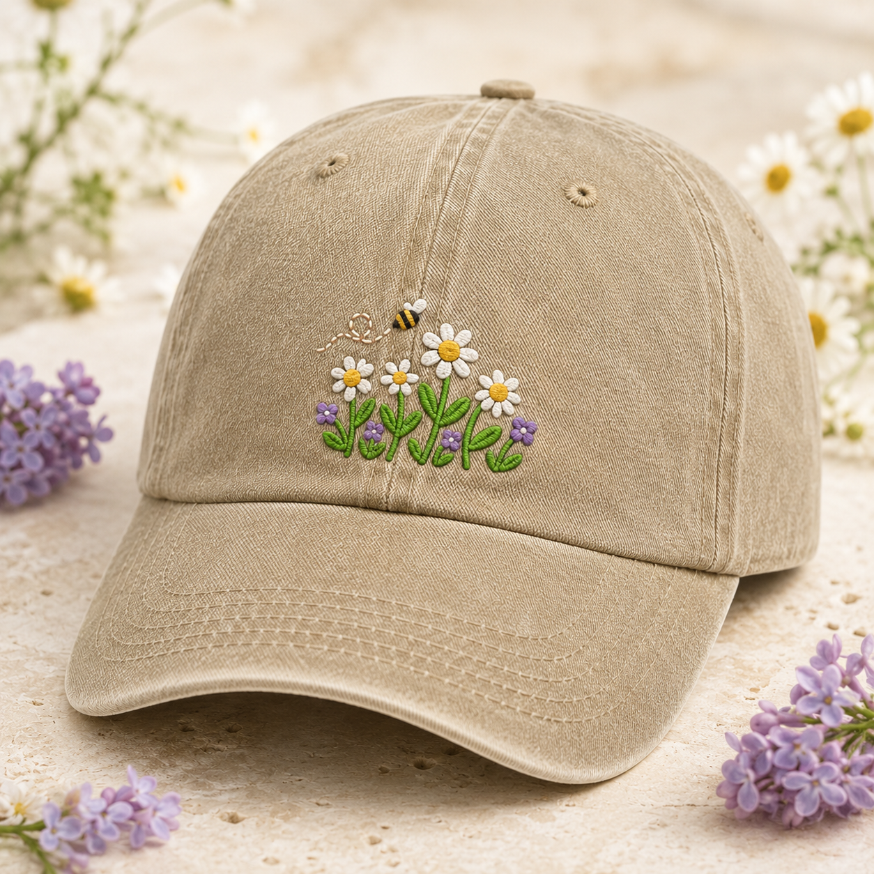 Daisy Bee Embroidered Washed Cap, Botanical Baseball Hat for Garden Lovers - Washed Cap - detail view