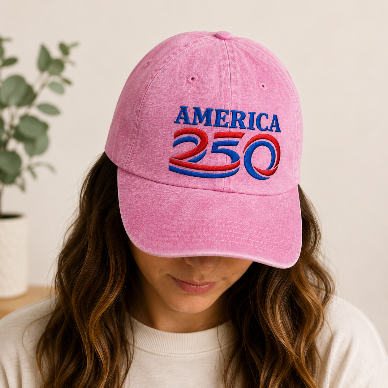 America 250 Washed Cap, Red Blue Embroidered Patriotic Dad Hat - washed cap - detail view