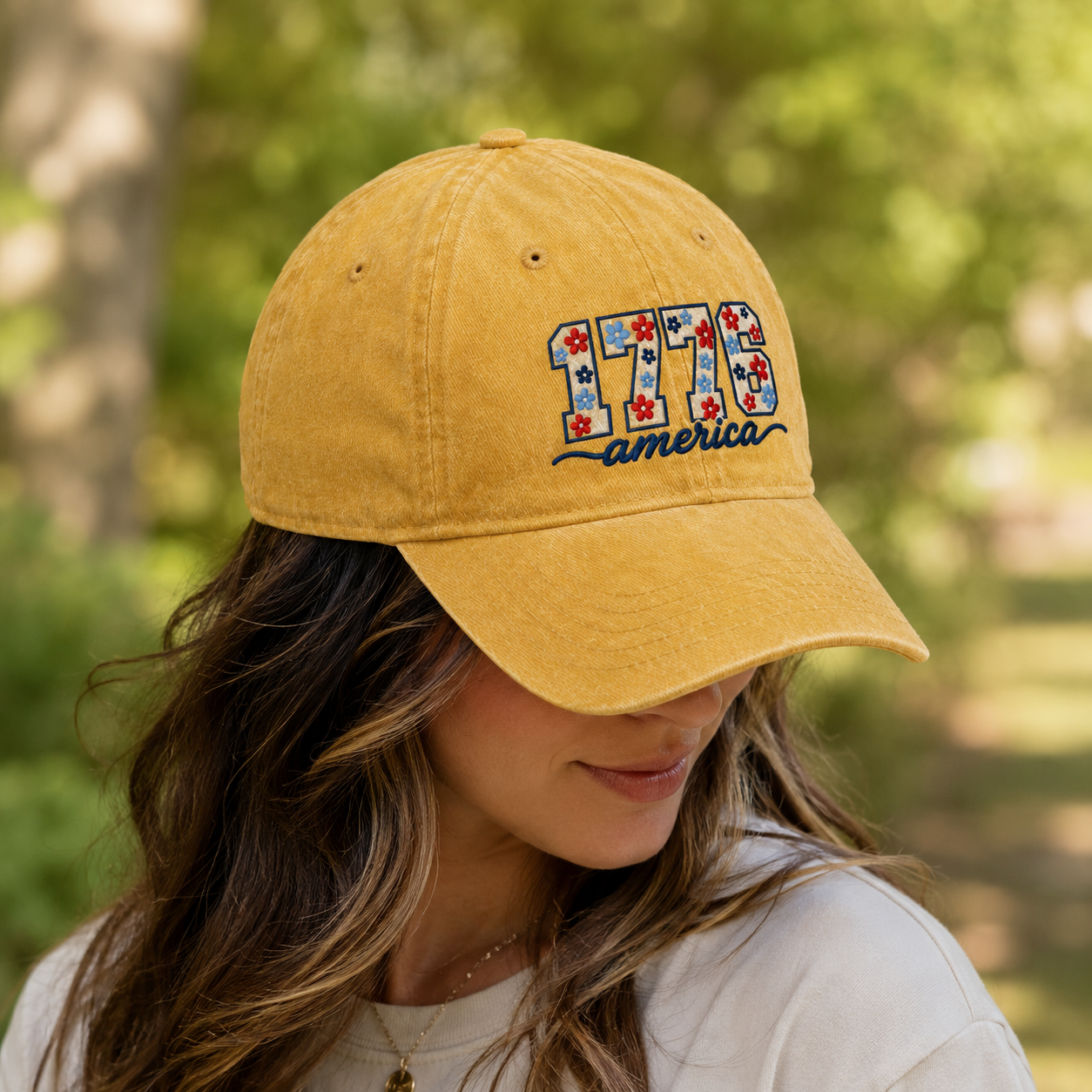 1776 America Floral Embroidered Washed Cap, Patriotic Coquette Hat for Fourth of July - washed cap - lifestyle view 7