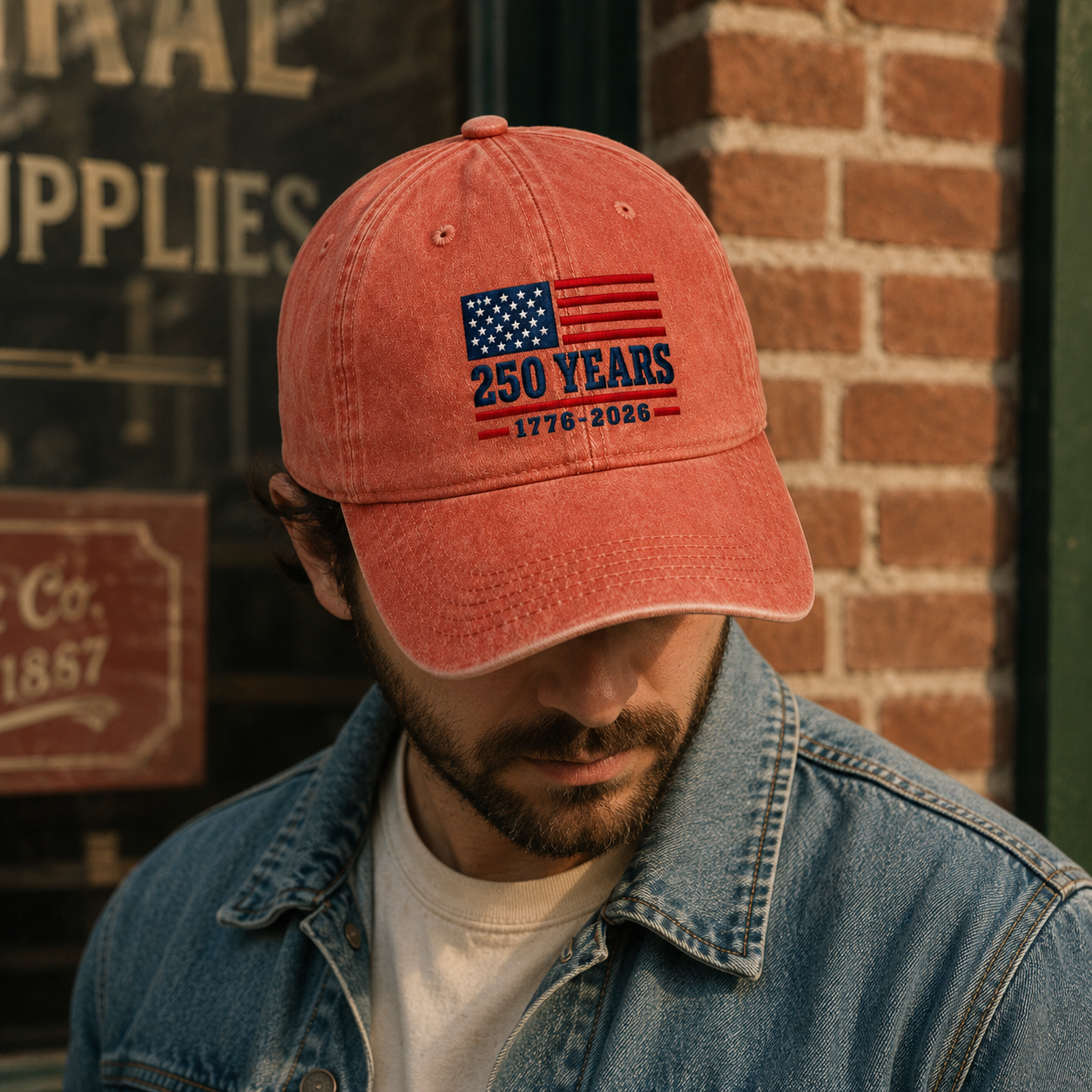 250 Years 1776-2026 USA Flag Washed Cap, America 250th Birthday Hat - washed cap - lifestyle view 9