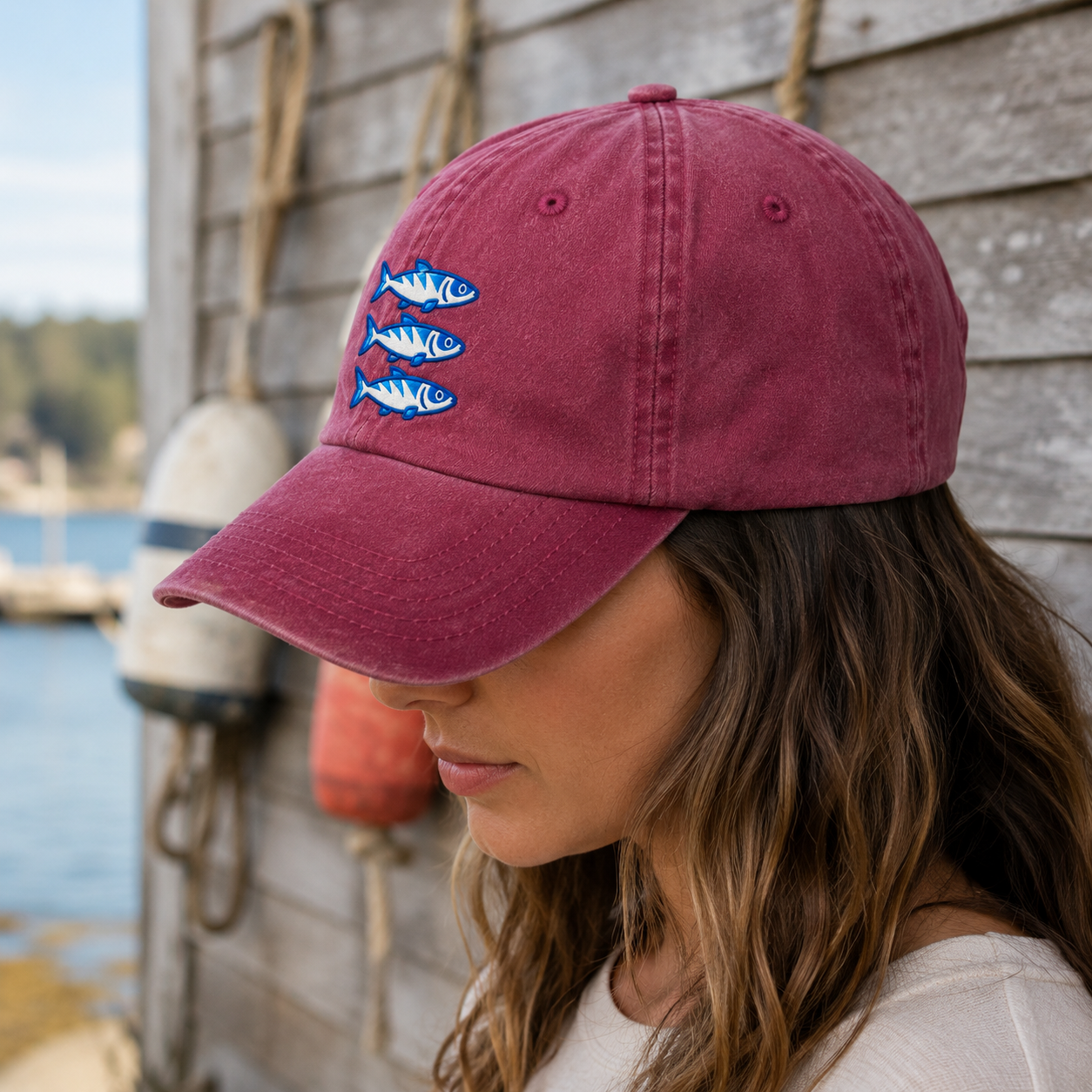 Three Blue Sardines Washed Cap, Embroidered Fish Hat for Seafood Lovers - Washed Cap - lifestyle view 7