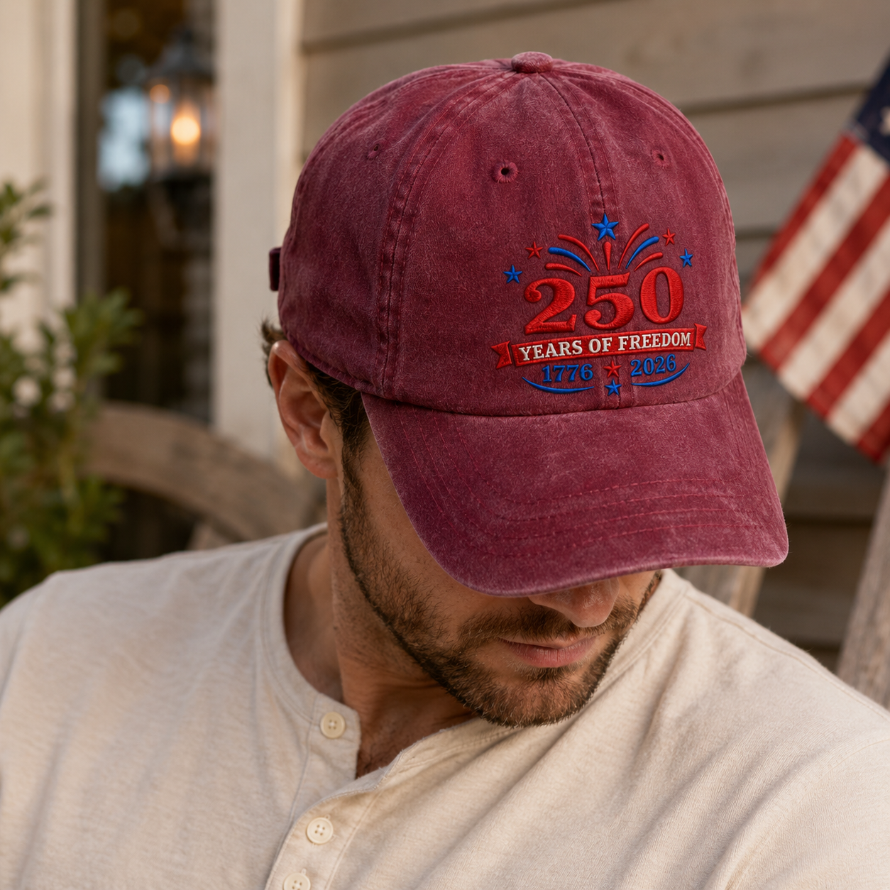 250 Years of Freedom Washed Cap, 1776 2026 USA Semiquincentennial Hat - washed cap - detail view