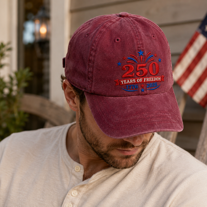 250 Years of Freedom Washed Cap, 1776 2026 USA Semiquincentennial Hat - washed cap - detail view