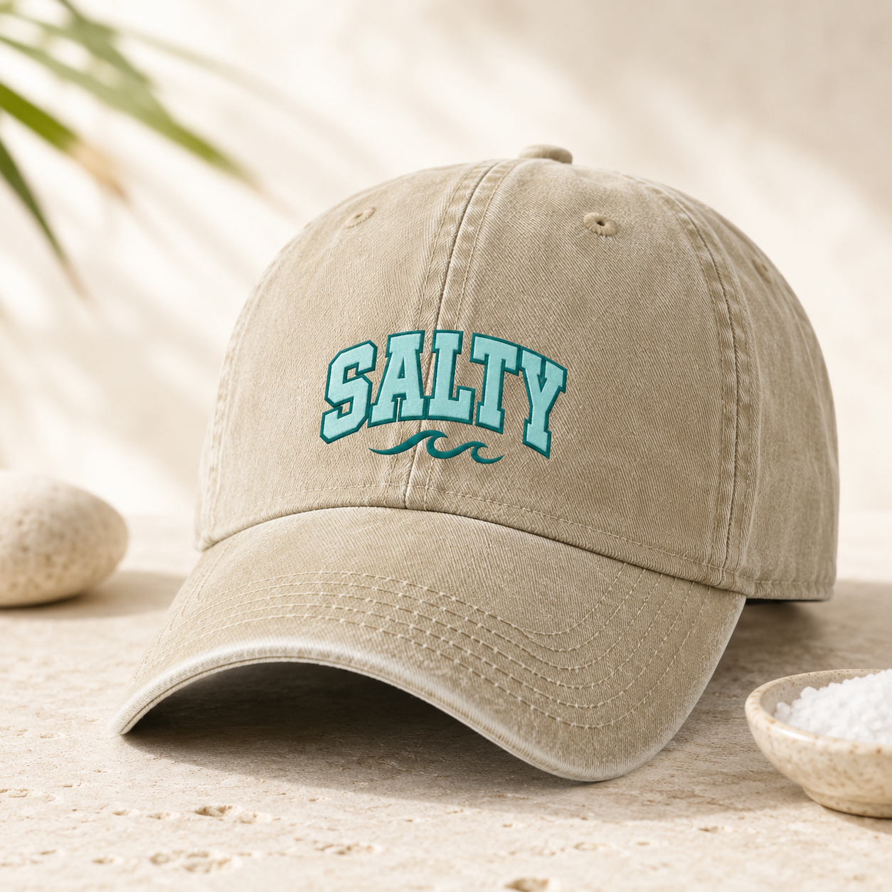 Salty Washed Cap, Embroidered Wave Beach Hat for Coastal Style - Washed Cap - detail view