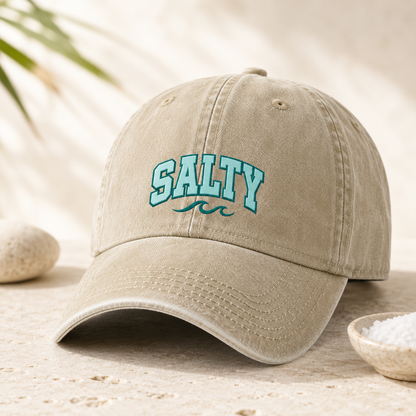 Salty Washed Cap, Embroidered Wave Beach Hat for Coastal Style - Washed Cap - detail view