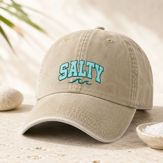 Salty Washed Cap, Embroidered Wave Beach Hat for Coastal Style - Washed Cap - detail view