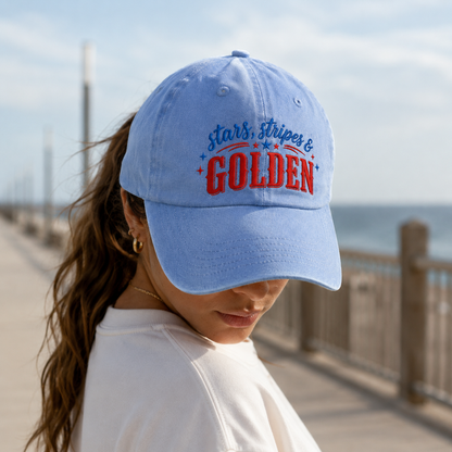 Stars, Stripes & Golden Washed Cap, Patriotic Baseball Hat - washed cap - lifestyle view 9