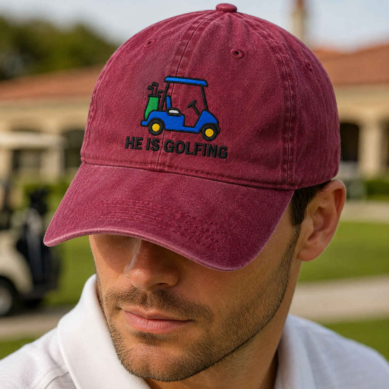 He Is Golfing Washed Cap, Embroidered Blue Cart Hat for Dad - Washed Cap - lifestyle view 3