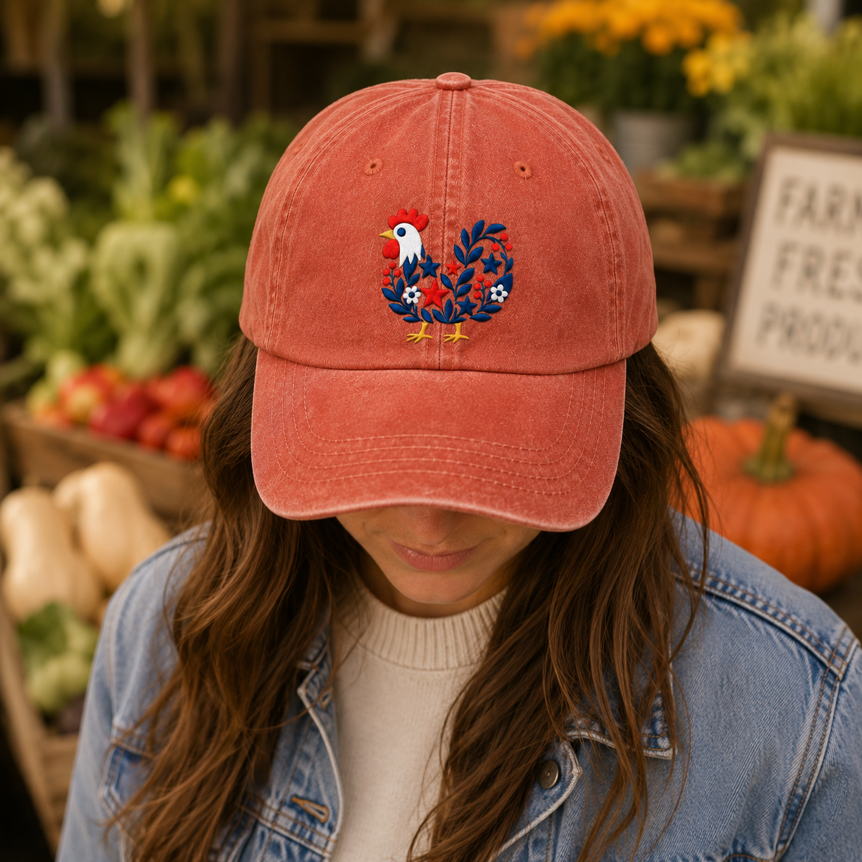 Folk Rooster Washed Cap, Embroidered Floral Chicken Baseball Hat - washed cap - lifestyle view 8